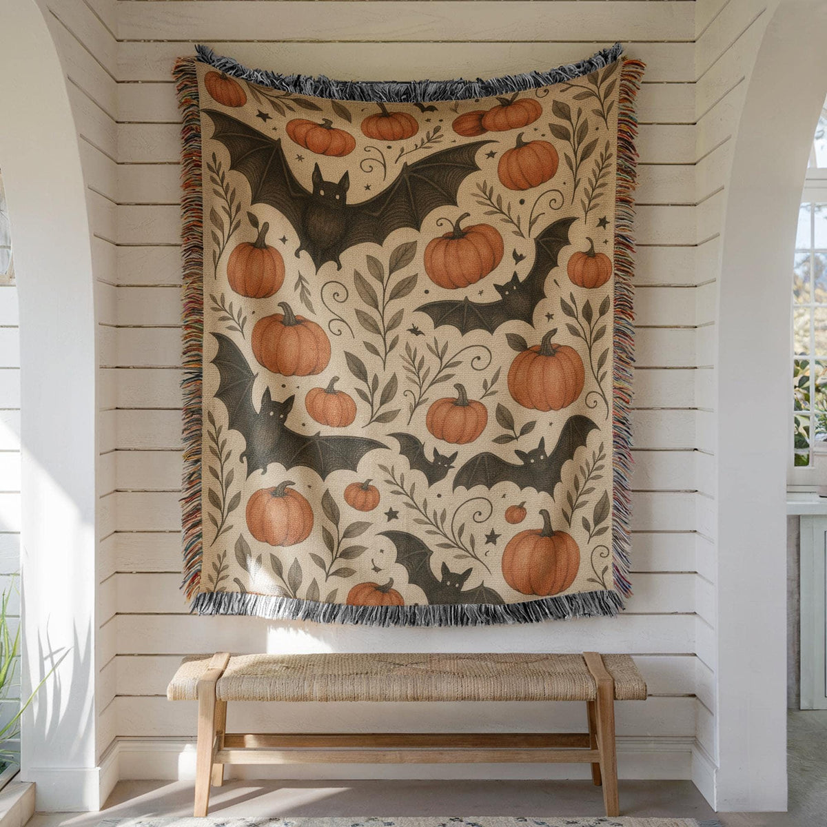 Halloween Bats and Pumpkins Woven Throw Blanket