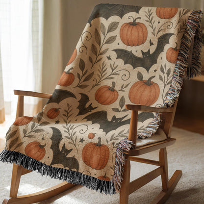 Halloween Bats and Pumpkins Woven Throw Blanket