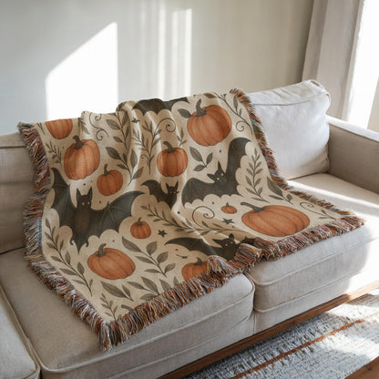 Halloween Bats and Pumpkins Woven Throw Blanket