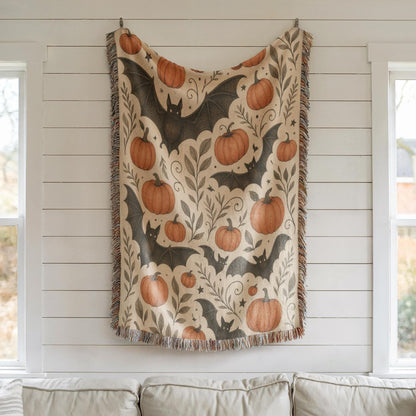 Halloween Bats and Pumpkins Woven Throw Blanket