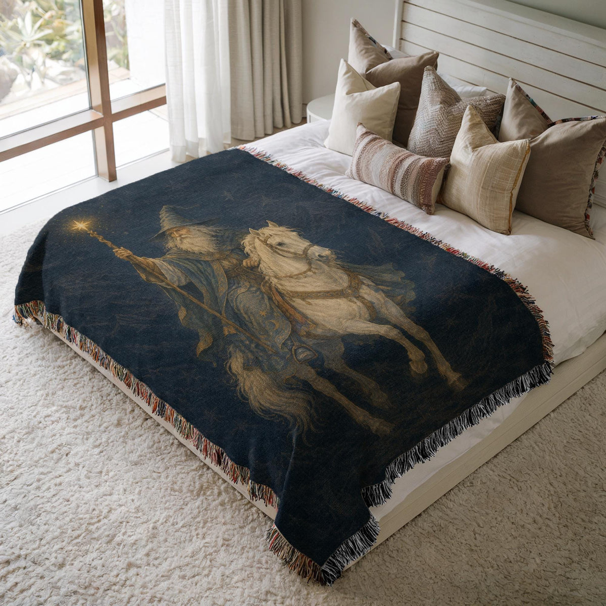Wizard on White Horse Woven Blanket