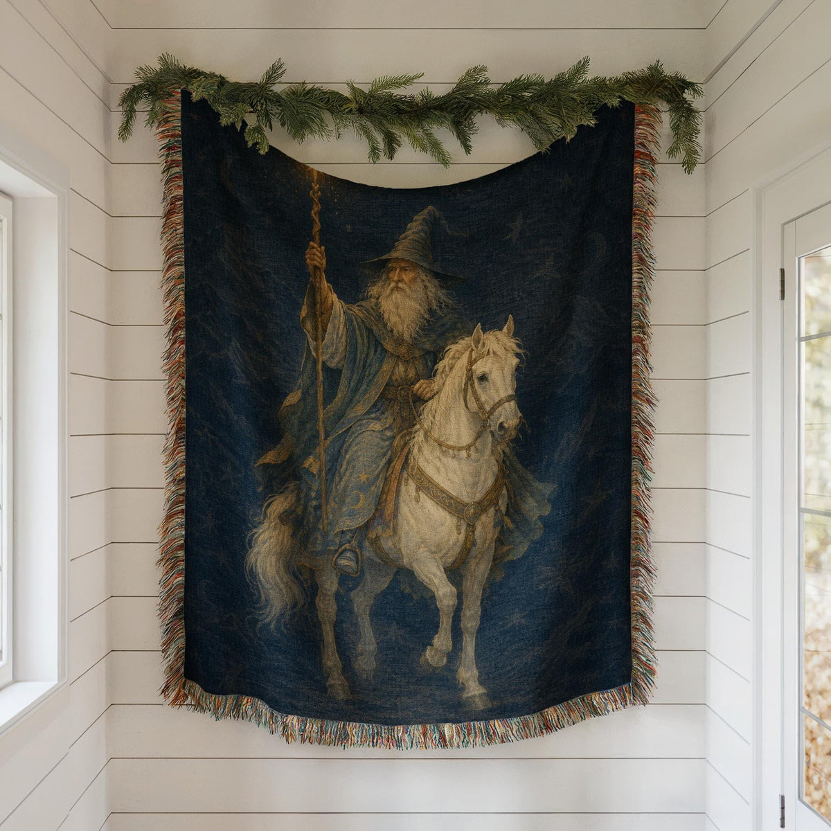 Wizard on White Horse Woven Blanket