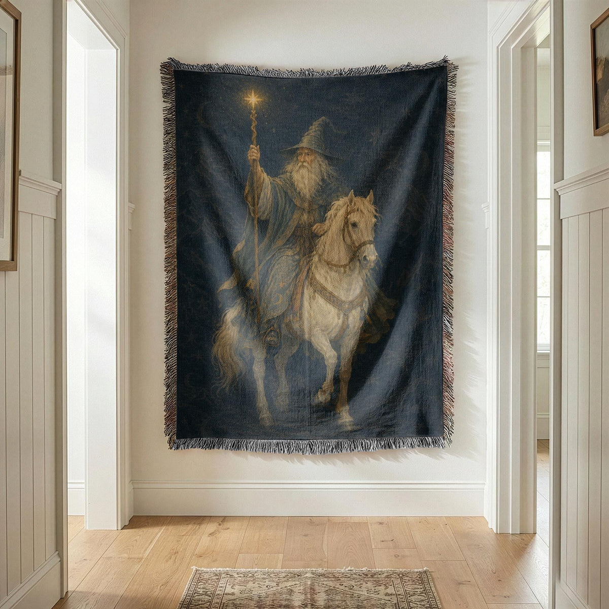 Wizard on White Horse Woven Blanket