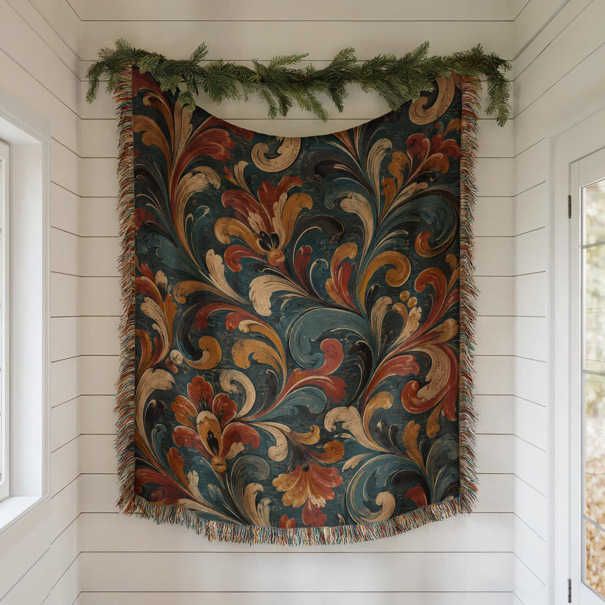 Norwegian Rosemaling Woven Blanket