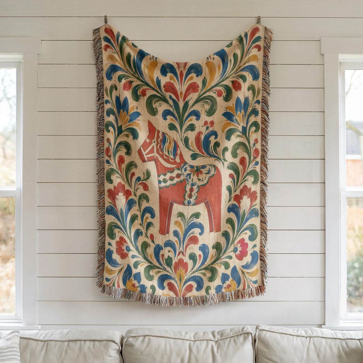 Swedish Dala Horse Woven Blanket