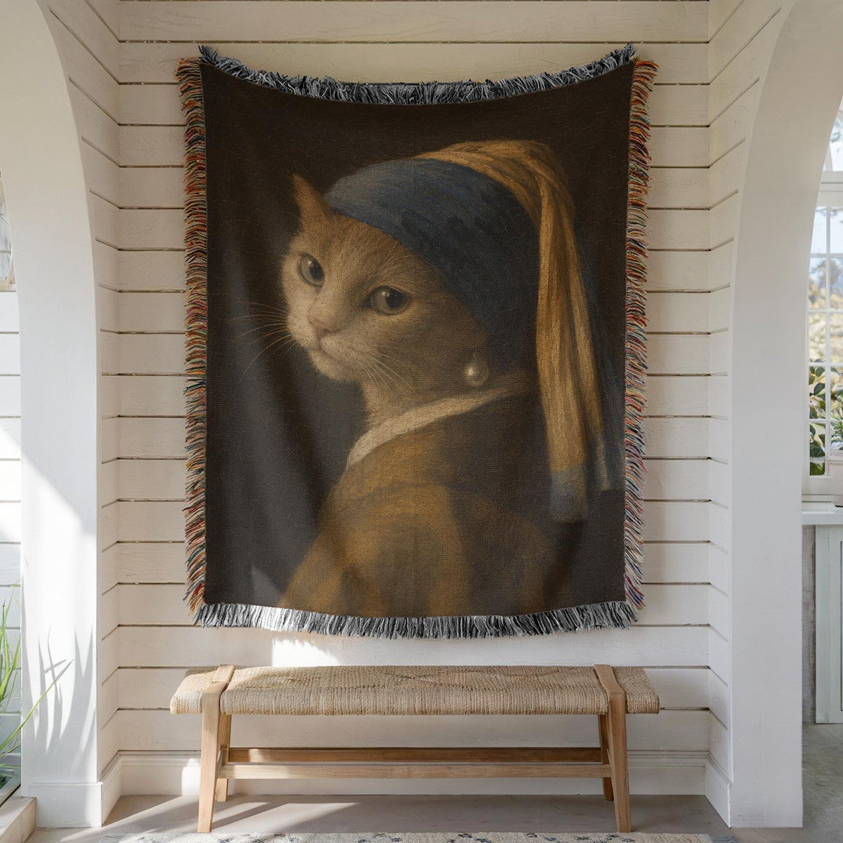 Girl with a Pearl Earring Cat Woven Blanket