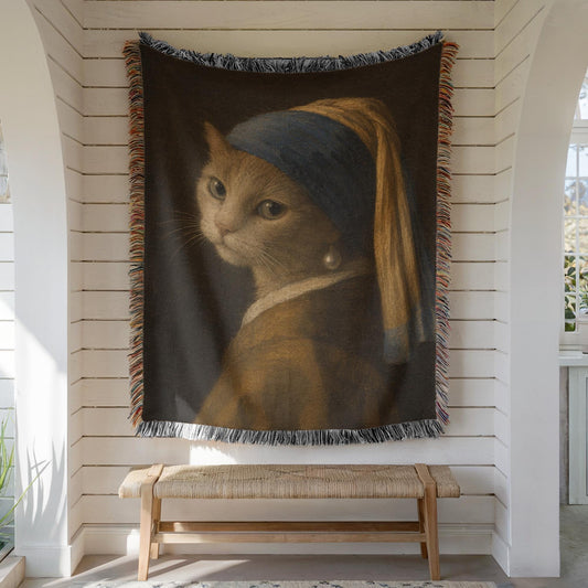 Girl with a Pearl Earring Cat Woven Blanket