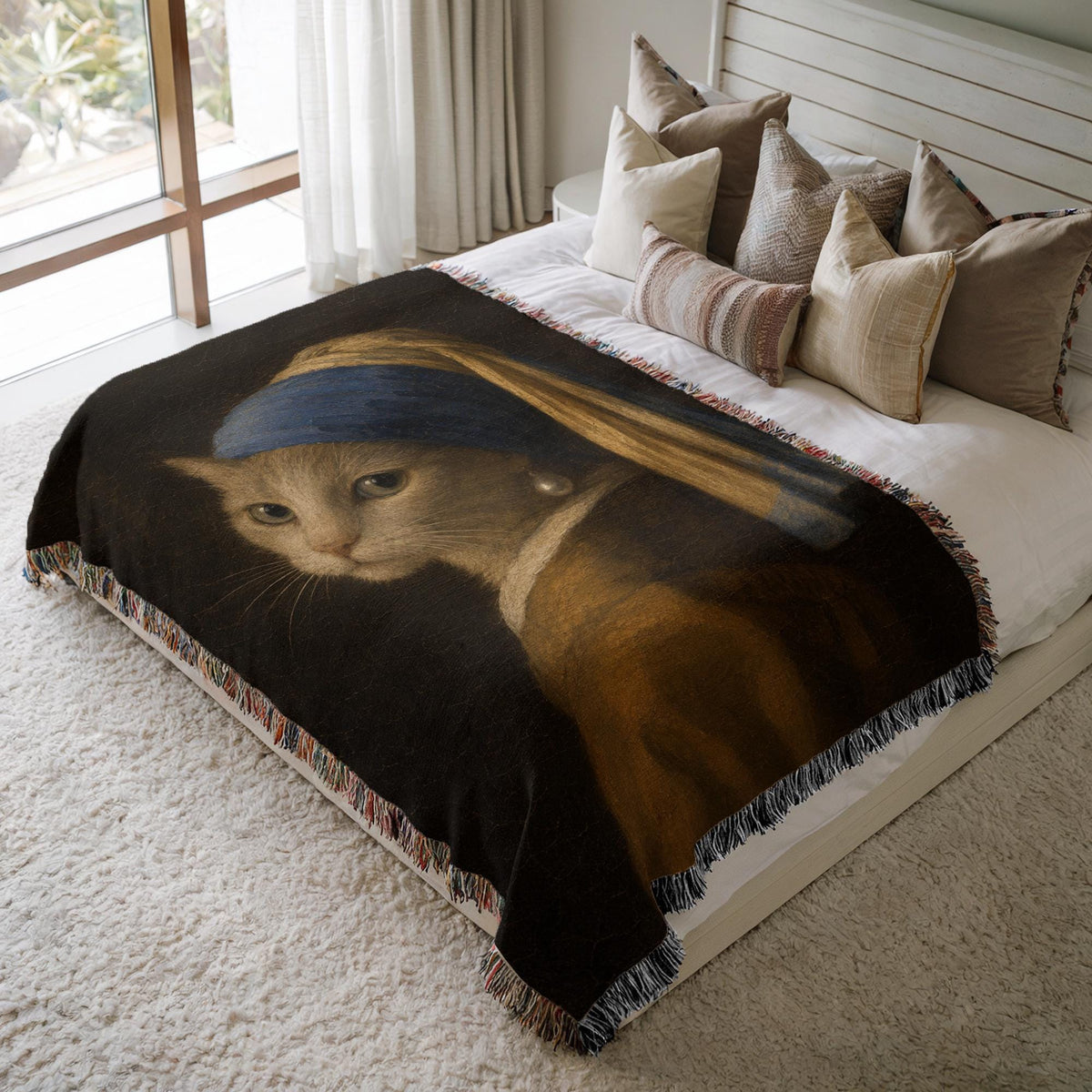 Girl with a Pearl Earring Cat Woven Blanket