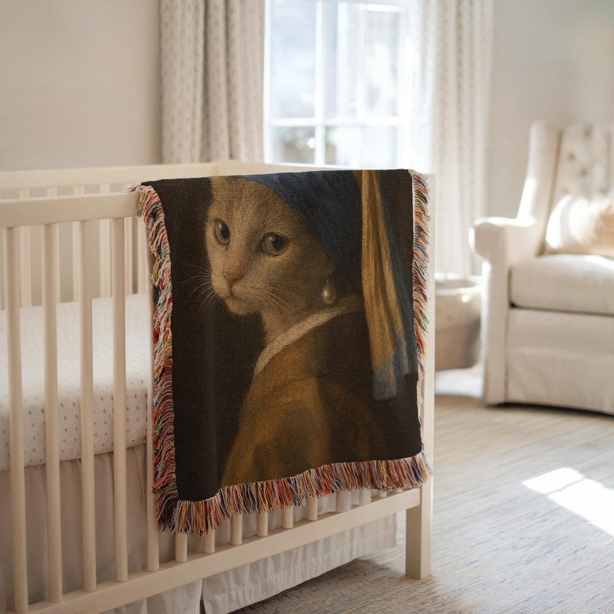 Girl with a Pearl Earring Cat Woven Blanket