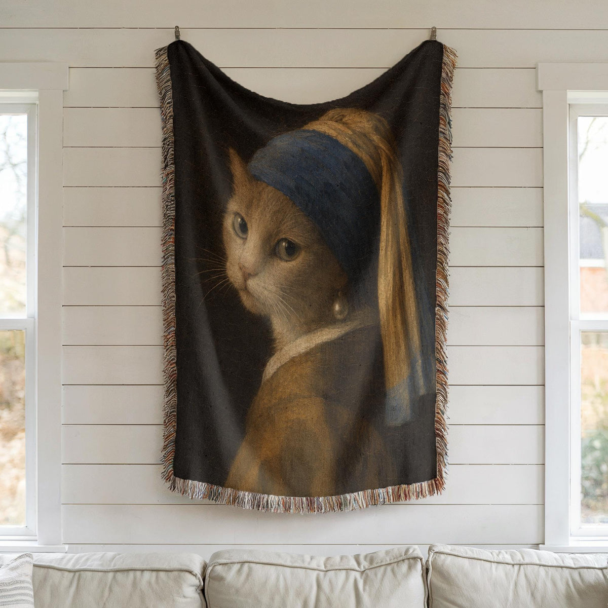 Girl with a Pearl Earring Cat Woven Blanket
