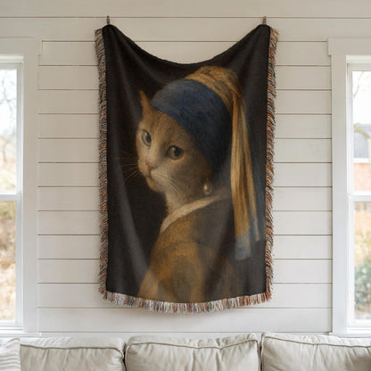 Girl with a Pearl Earring Cat Woven Blanket