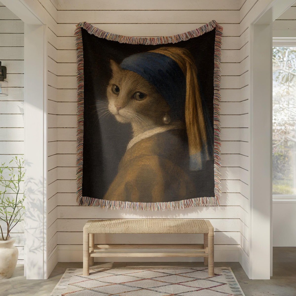 Girl with a Pearl Earring Cat Woven Blanket