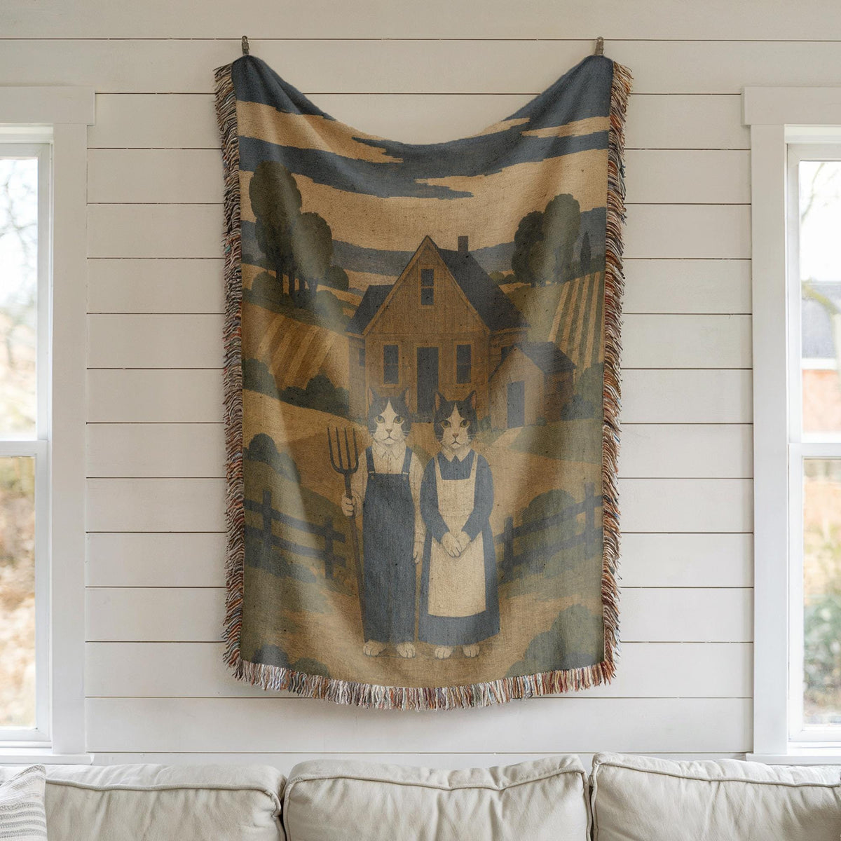 American Gothic Cat Woven Blanket