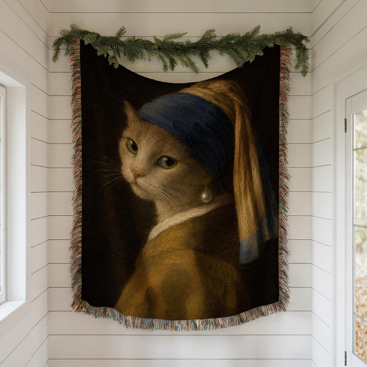 Girl with a Pearl Earring Cat Woven Blanket
