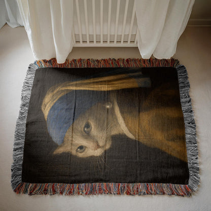Girl with a Pearl Earring Cat Woven Blanket