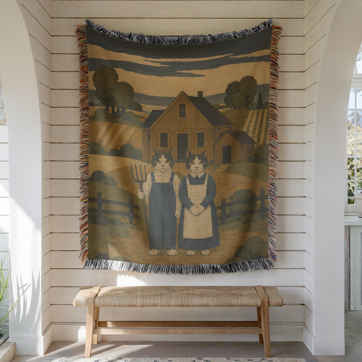 American Gothic Cat Woven Blanket