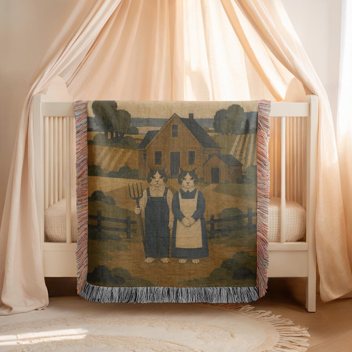 American Gothic Cat Woven Blanket