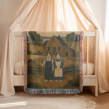 American Gothic Cat Woven Blanket