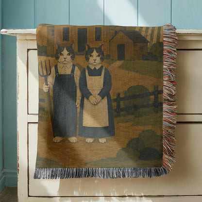 American Gothic Cat Woven Blanket