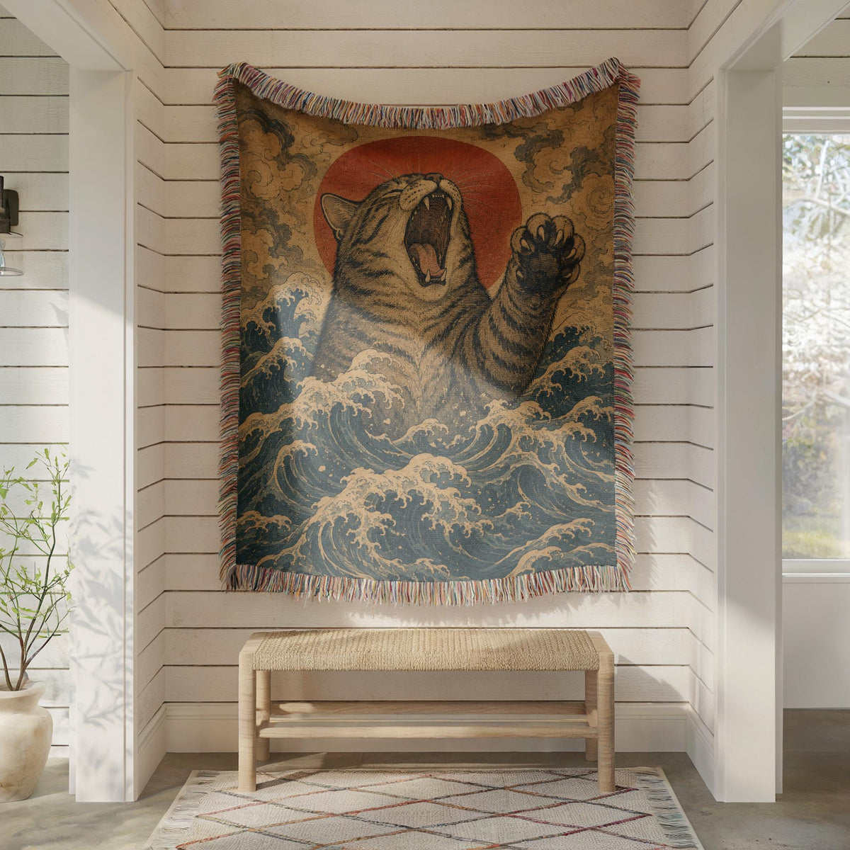 Japanese Wave Cat Tapestry