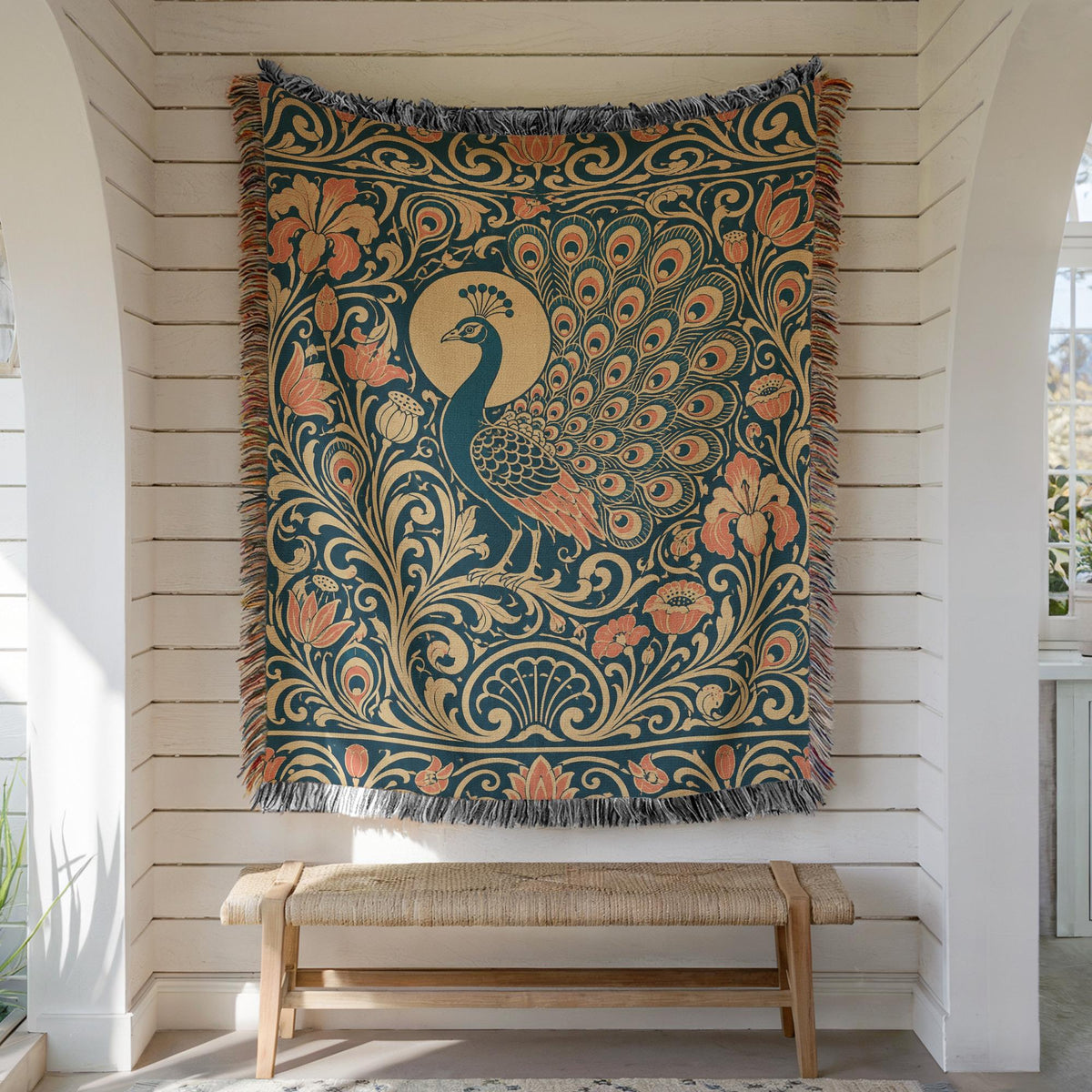 Art Nouveau Peacock Woven Blanket