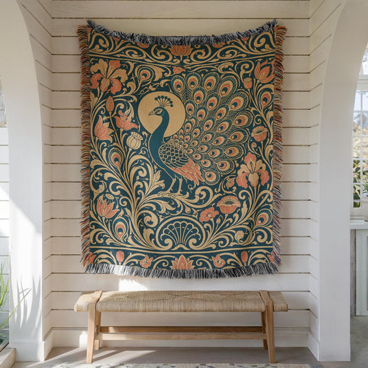 Art Nouveau Peacock Woven Blanket