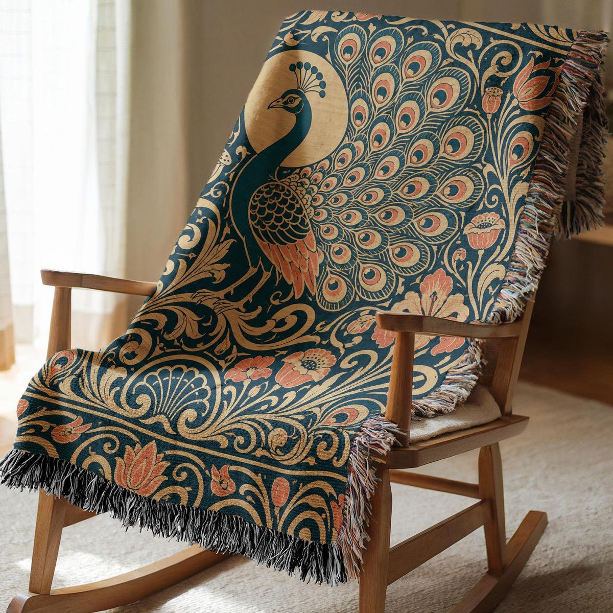 Art Nouveau Peacock Woven Blanket