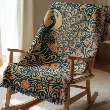 Art Nouveau Peacock Woven Blanket