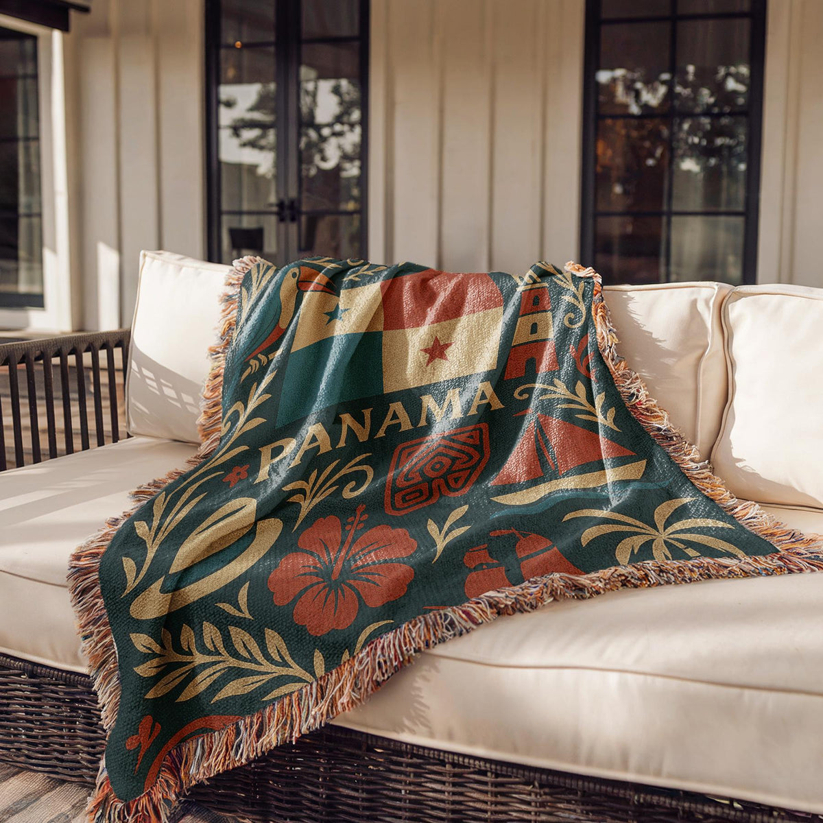 Panama woven blanket design with flag, toucan, hibiscus flowers, tropical leaves, towers, hat, and sailboat