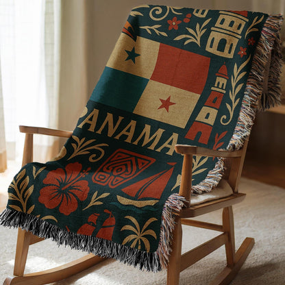 Panama woven blanket design with flag, toucan, hibiscus flowers, tropical leaves, towers, hat, and sailboat
