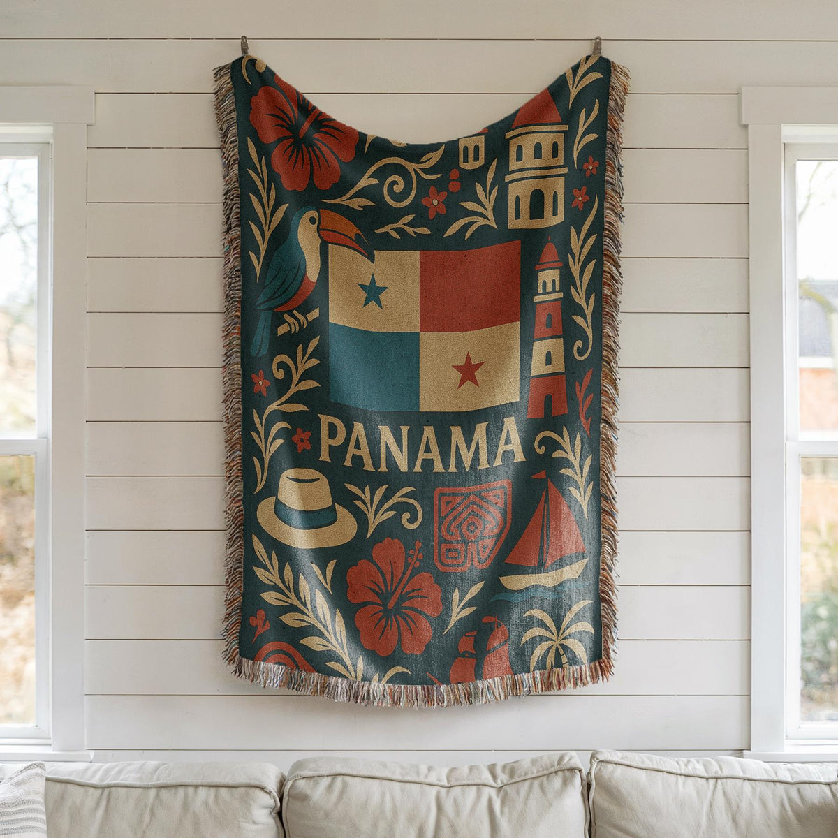 Panama woven blanket design with flag, toucan, hibiscus flowers, tropical leaves, towers, hat, and sailboat