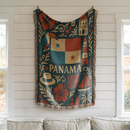 Panama woven blanket design with flag, toucan, hibiscus flowers, tropical leaves, towers, hat, and sailboat