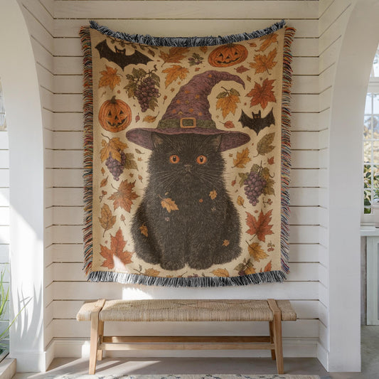 Halloween Cat with Witch Hat Woven Blanket