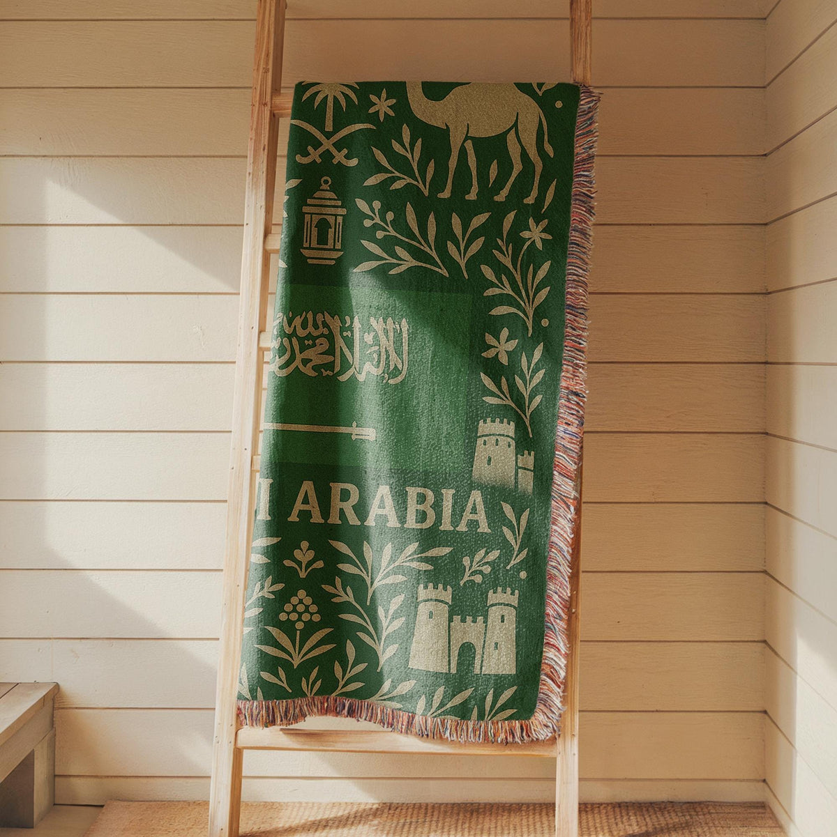 Green Saudi Arabia woven blanket with Arabic script, camel, palm trees, sword, lanterns, and fringe edges