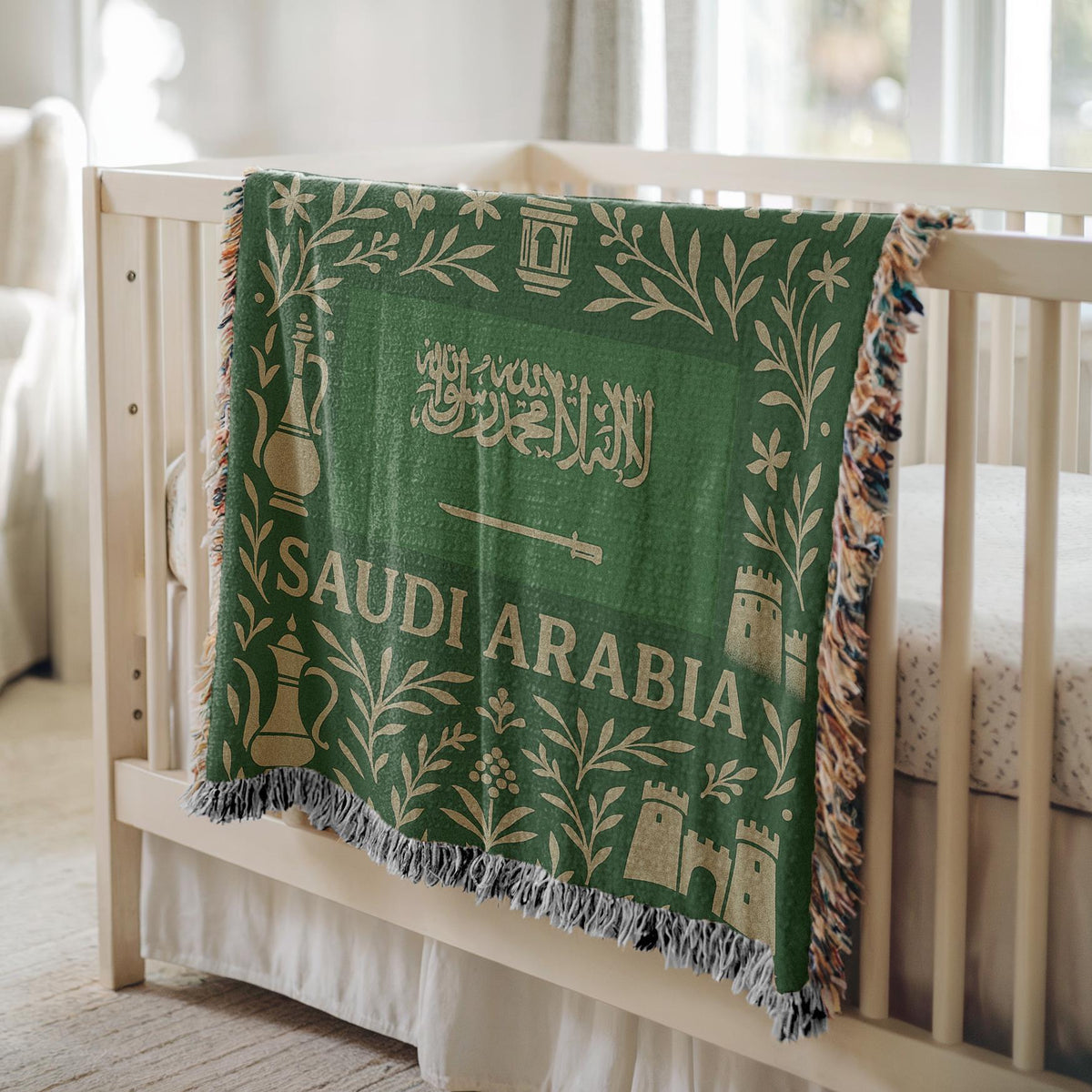 Green Saudi Arabia woven blanket with Arabic script, camel, palm trees, sword, lanterns, and fringe edges