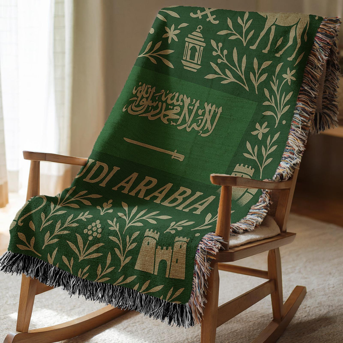 Green Saudi Arabia woven blanket with Arabic script, camel, palm trees, sword, lanterns, and fringe edges