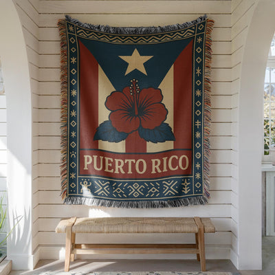 Puerto Rico woven blanket with flag-inspired design, hibiscus flower, decorative border, and fringe edges