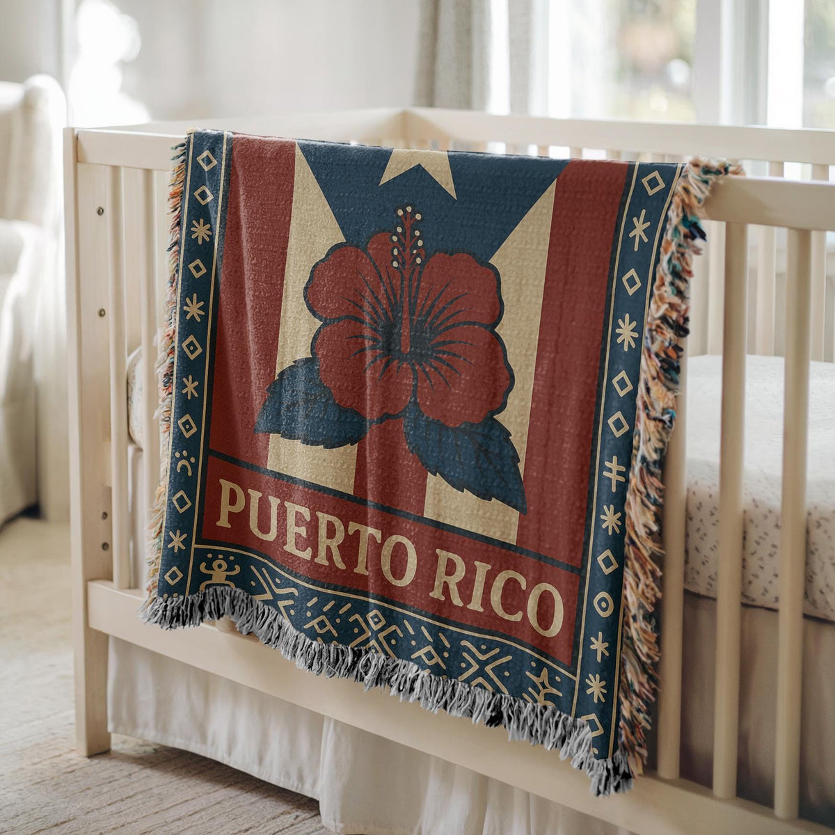 Puerto Rico woven blanket with flag-inspired design, hibiscus flower, decorative border, and fringe edges