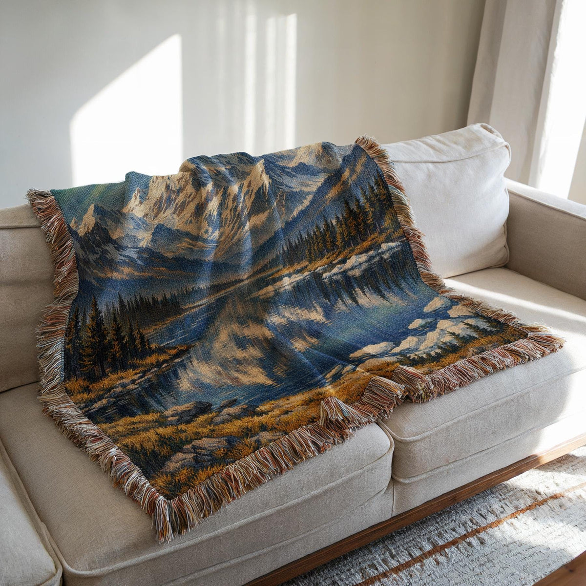 Alaska woven blanket with northern lights, mountain lake scene, gold stars, and fringe edges