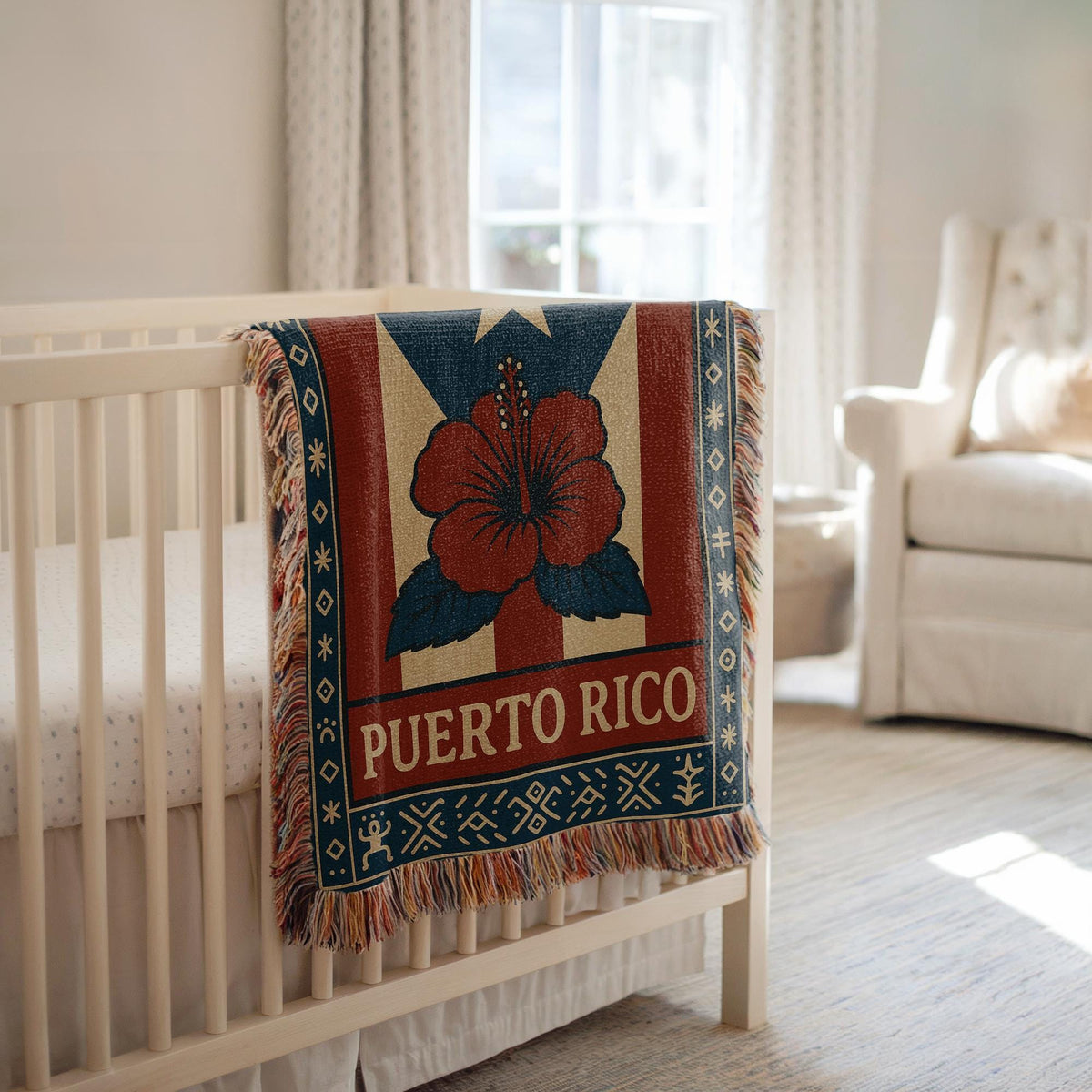 Puerto Rico woven blanket with flag-inspired design, hibiscus flower, decorative border, and fringe edges