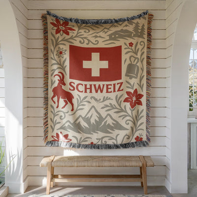 Woven blanket with Schweiz Swiss flag, alpine mountains, flowers, chalet, cowbell and ibex design