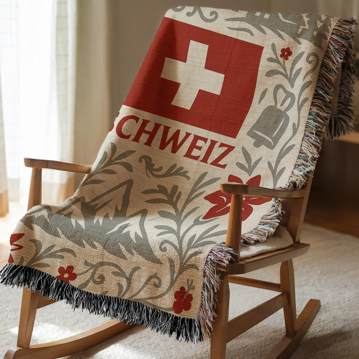 Woven blanket with Schweiz Swiss flag, alpine mountains, flowers, chalet, cowbell and ibex design