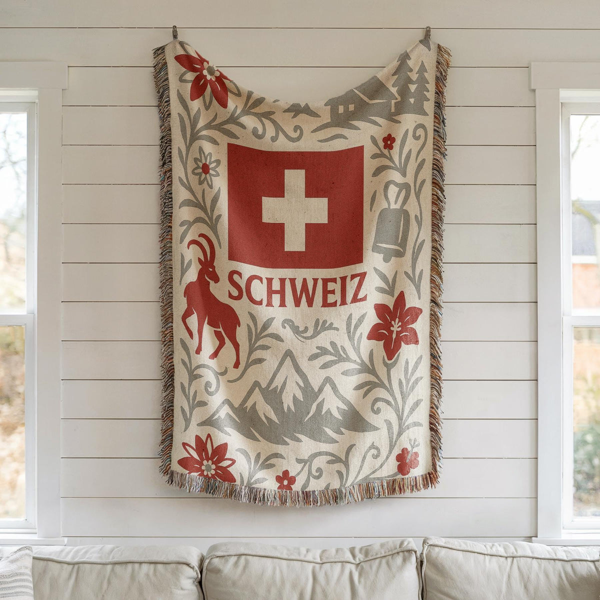 Woven blanket with Schweiz Swiss flag, alpine mountains, flowers, chalet, cowbell and ibex design