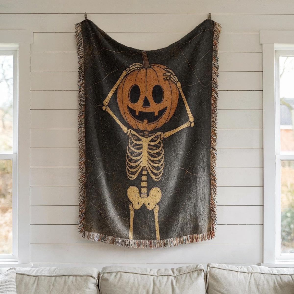 Pumpkin Skeleton Halloween Woven Blanket