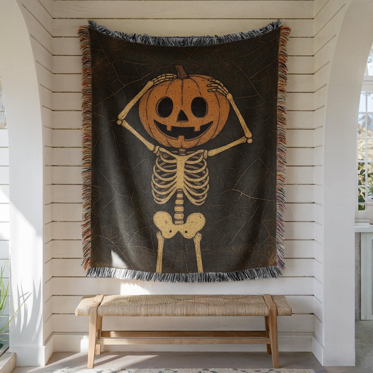 Pumpkin Skeleton Halloween Woven Blanket